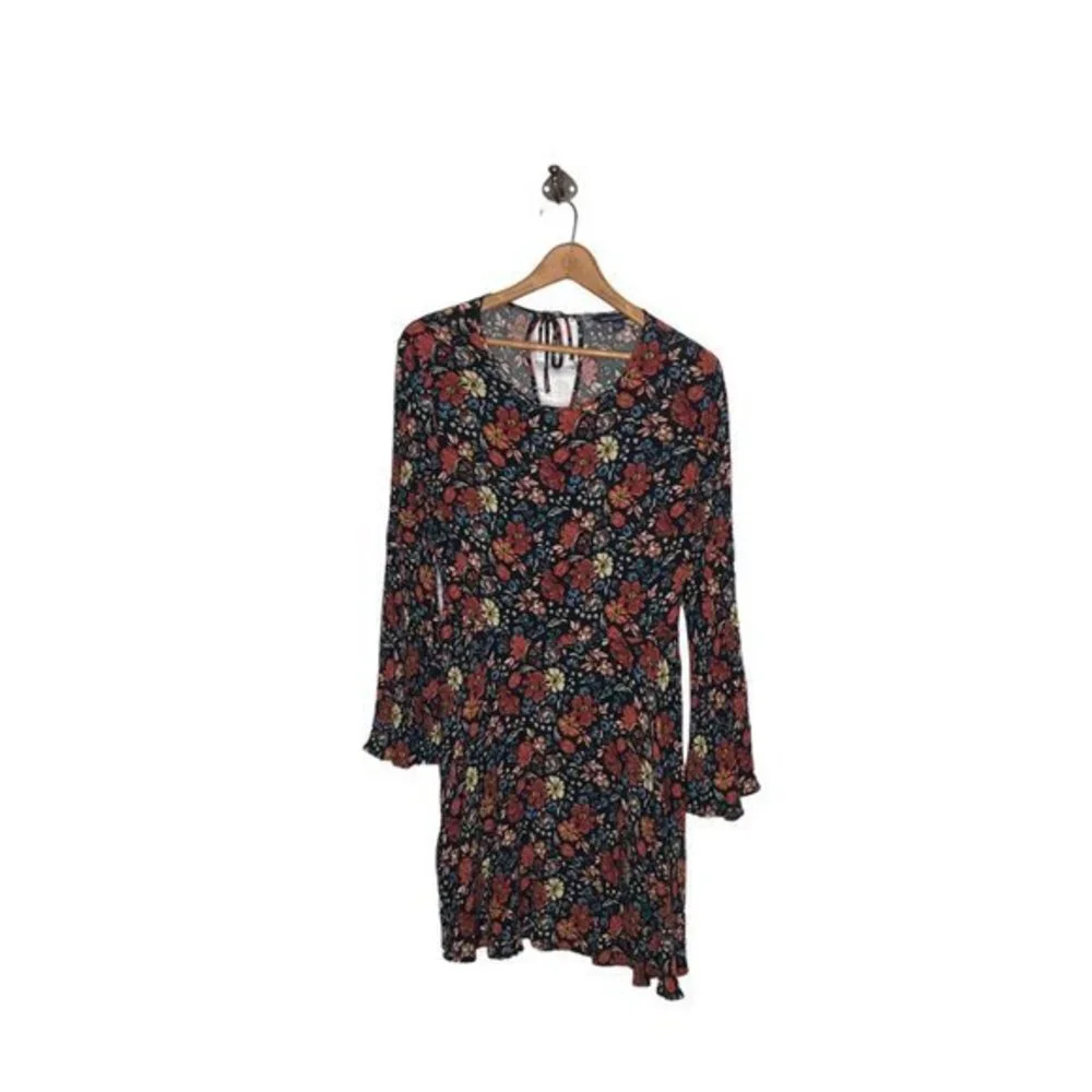 American Eagle S Black Floral Long Bell Sleeve‎ Flirty Mini Festival Boho Dress - Picture 3 of 6